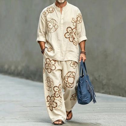 Men's Vintage Japanese Floral Art Shirt And Pants Two Piece Set