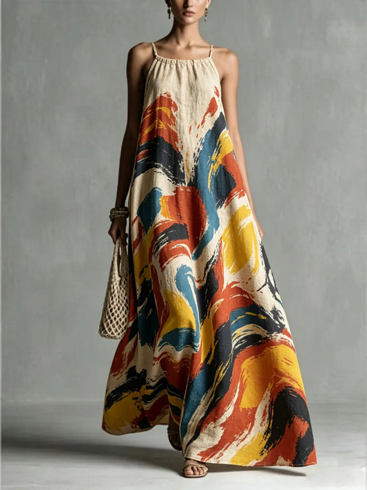 Women's Loose Romantic Print Pleated Spaghetti-Neck Maxi Dresses