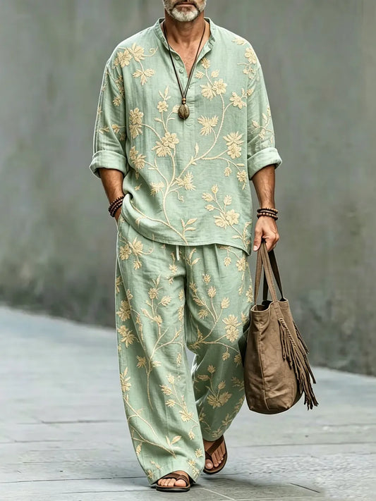 Men's Japanese Floral Embroidery Art Shirt And Pants Two Piece Set