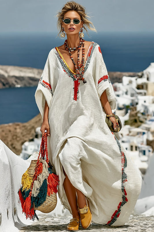 Vintage Print Long Sleeve Kaftan Dress