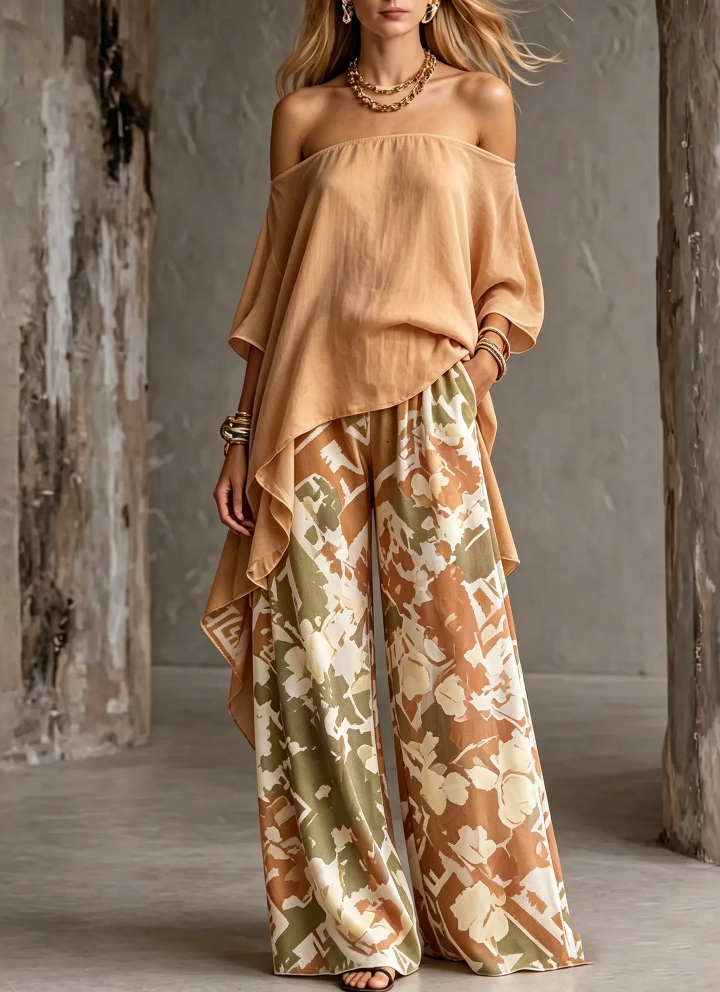 Women's Shoulder Top Abstract Printed Cotton and Linen Wide Pants Two-piece Set