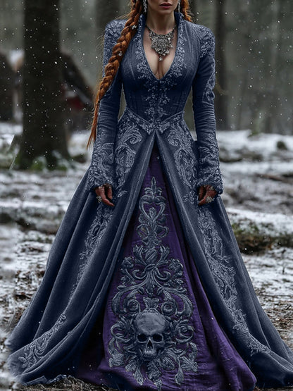 Women's Vintage Viking Skull Embroidery V Neck Casual Maxi Dress