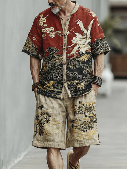 Men's Crane, Plum Blossom, And Cloud Pattern Two-piece Set