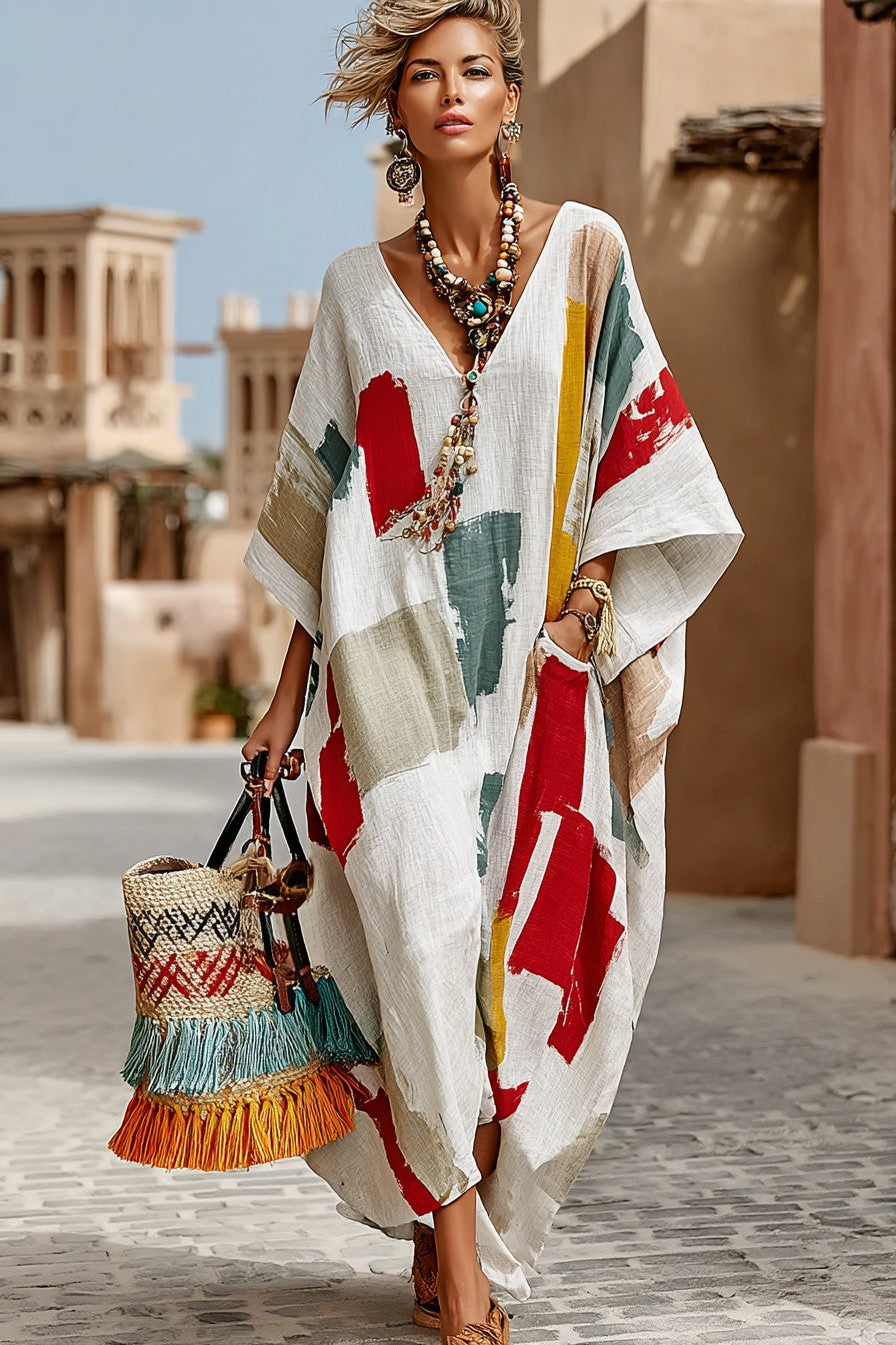 Vintage Print Long Sleeve Kaftan Dress