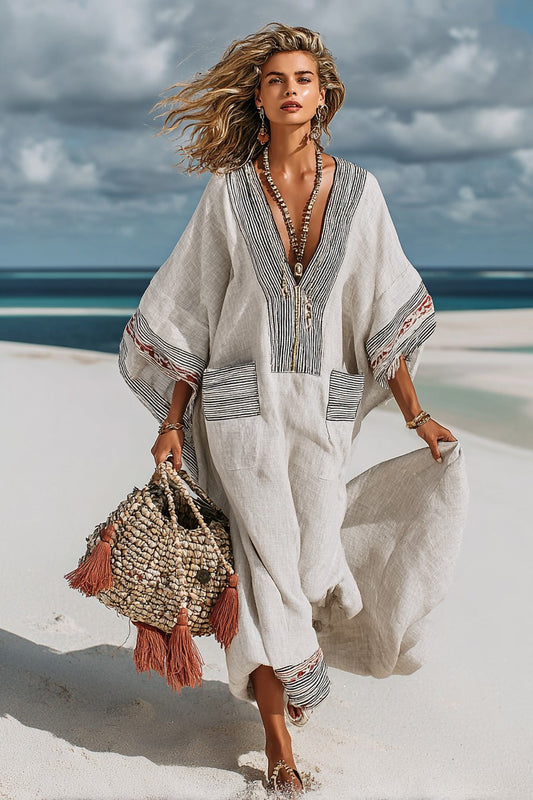 Vintage Print Long Sleeve Kaftan Dress