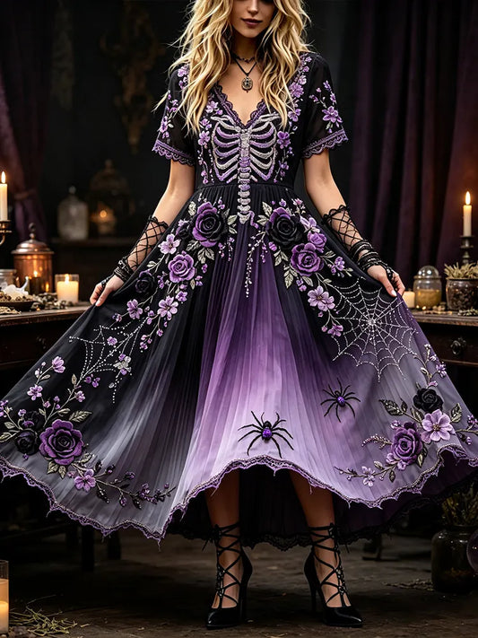 Women's Halloween Floral And Spider Art V-neck Short Sleeve A-line Dress