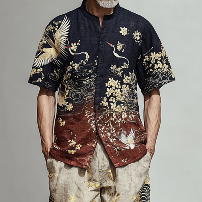 Men's Japanese-style Patterned Color-blocked Two-piece Set