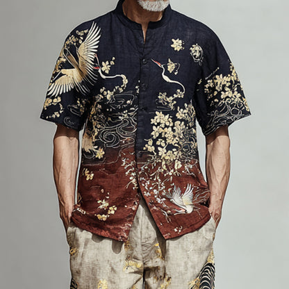 Men's Japanese-style Patterned Color-blocked Two-piece Set