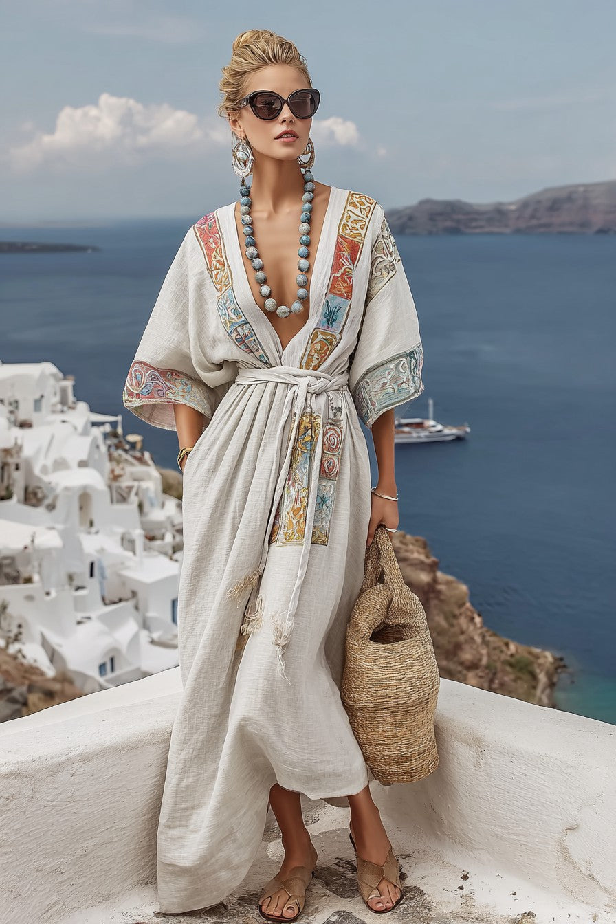 Vintage Print Long Sleeve Kaftan Dress