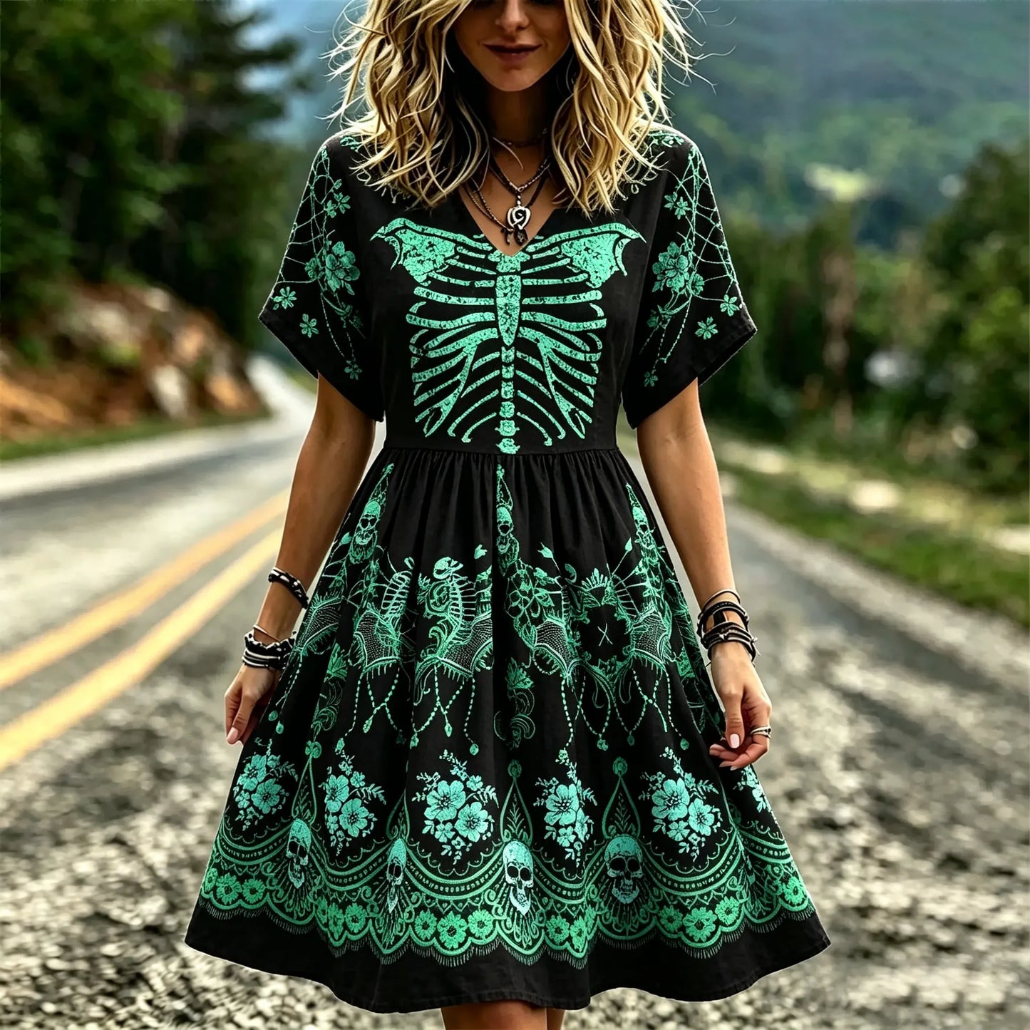 Men's Dark Retro Floral Spiderweb Design V-neck Short-sleeved Dress