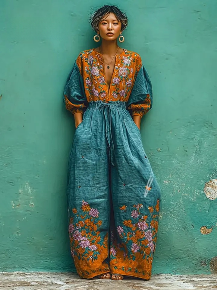 Women's spring/summer cotton and linen casual jumpsuit for vacation.