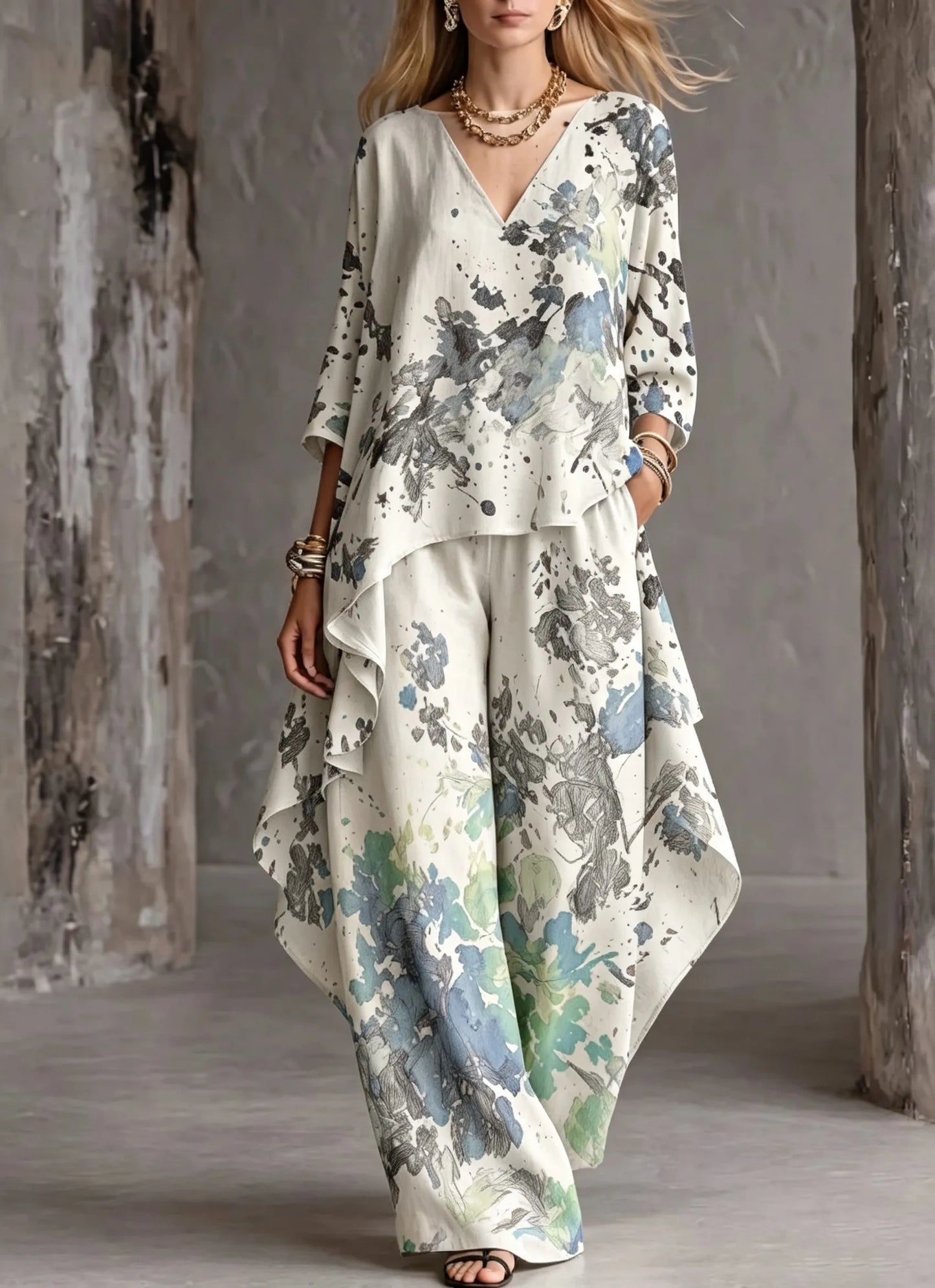 Women's Cotton Linen 3/4 Sleeve Lotus Hem Wide Leg Pants Two-Piece Set