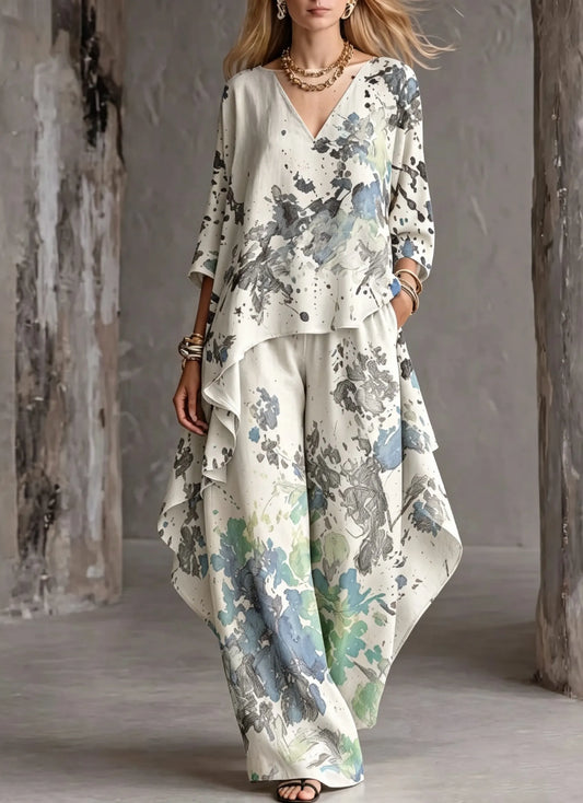 Women's Cotton Linen 3/4 Sleeve Lotus Hem Wide Leg Pants Two-Piece Set