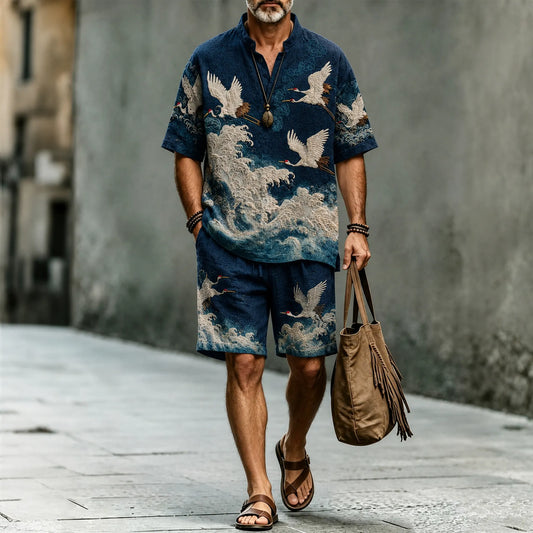 Men's Retro Japanese Wave And Crane Art Print Short Sleeve Shirt And Shorts Two Piece Set