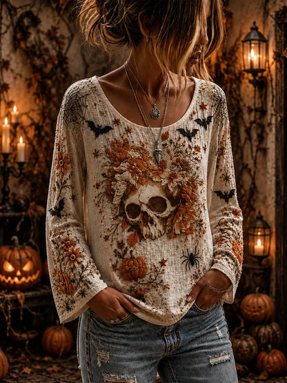 Women's Halloween Spooky Skull, Spiderweb & Pumpkin Long-sleeve Top