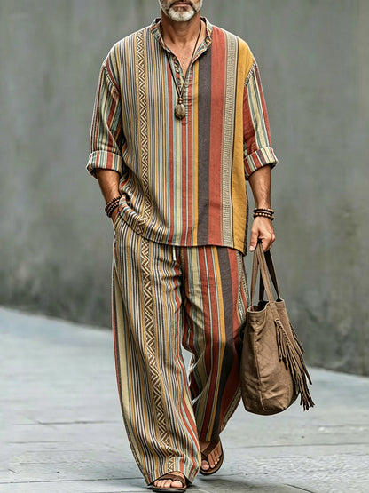 Men's Vintage Striped Print Shirt And Pants Two Piece Set