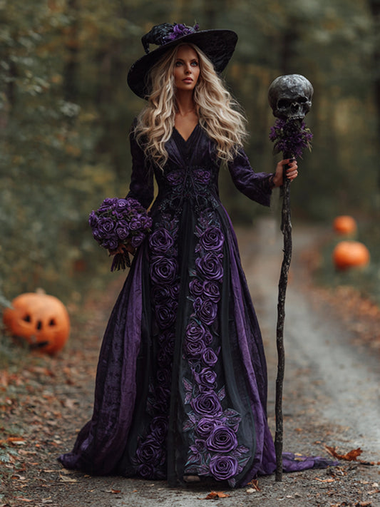 Women's Vintage Halloween Purple Rose Art Comfy Linen Maxi Dress