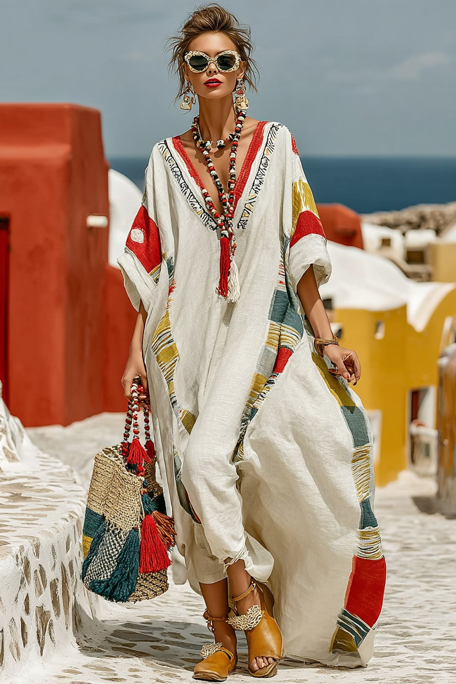 Vintage Print Long Sleeve Kaftan Dress