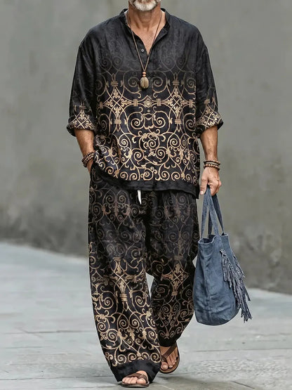 Men's Retro Geometric Art Print Shirt And Pants Two Piece Set