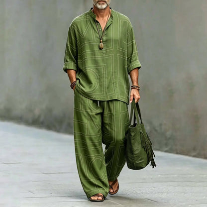 Men's Vintage Geometric Art Print Shirt And Pants Two Piece Set