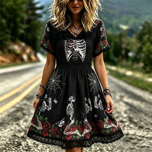 Women's Dark Retro Floral Spiderweb Skull Design V-neck Short-sleeved Dress