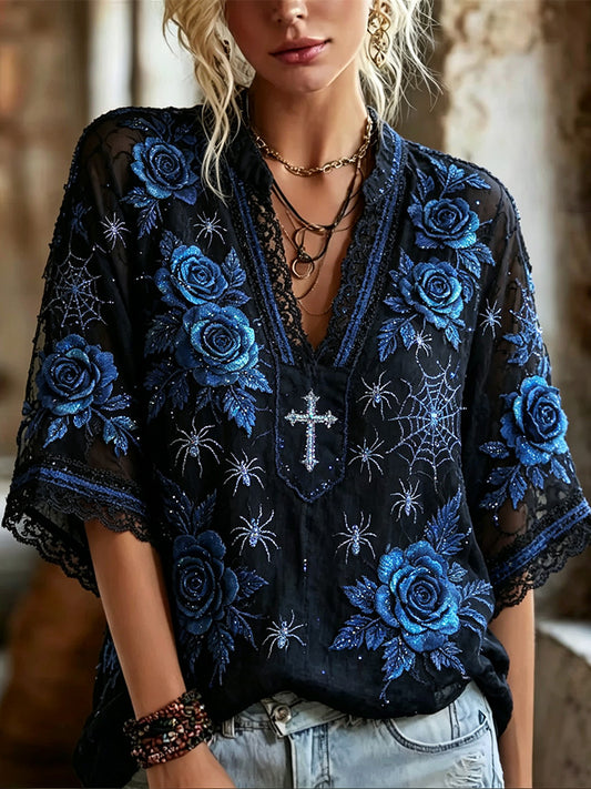 Women's Halloween Spider And Rose Color-block Lace Patchwork Short-sleeved Top