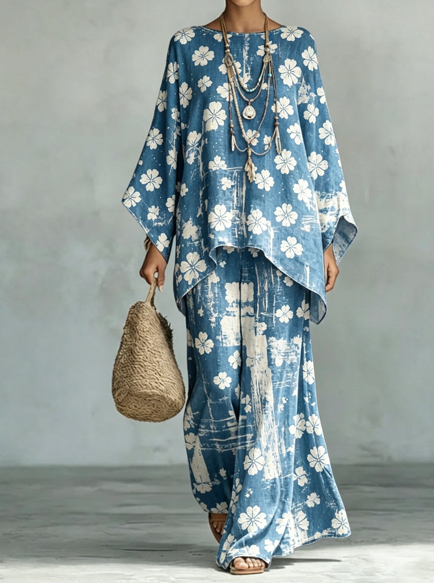 Women's Comfortable and loose print pattern cotton and linen wide-leg pants two-piece set