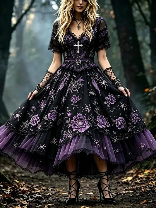 Women's Vintage Halloween Spider And Rose Art V-neck Short Sleeve Gorgeous Dress