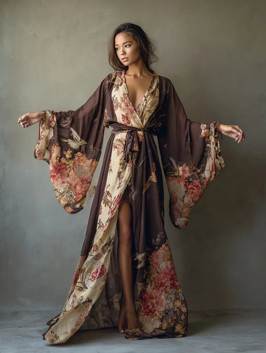 Women's Brown Floral Print Chiffon Kimono-Style Robe (with Belt)