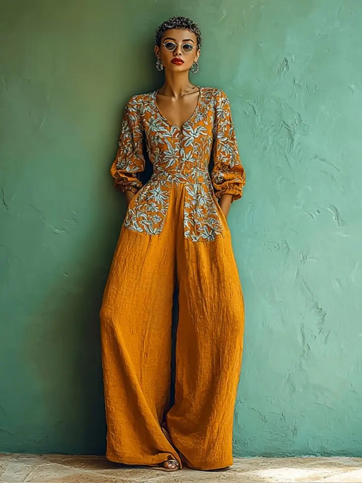 Women's spring/summer cotton and linen casual jumpsuit for vacation.