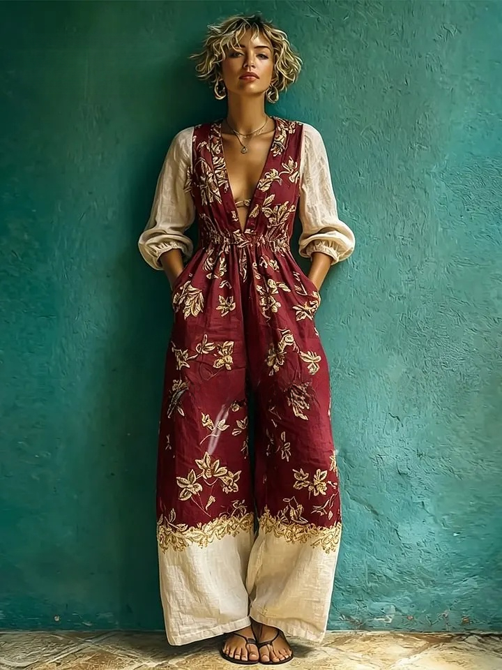 Women's spring/summer cotton and linen casual jumpsuit for vacation.