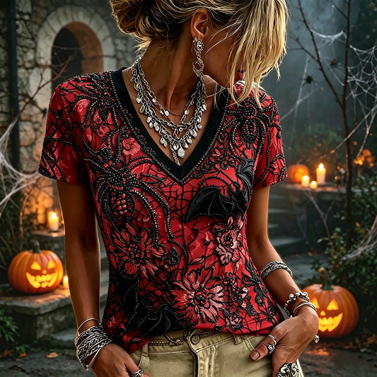 Women's Halloween Gothic Red Spider Bat Floral Rhinestone 3d Embroidery Distressed Top