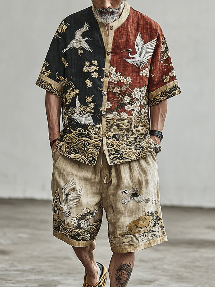 Crane And Cloud Pattern Color-blocked Short-sleeved Shorts Two-piece Set