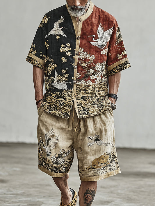 Crane And Cloud Pattern Color-blocked Short-sleeved Shorts Two-piece Set