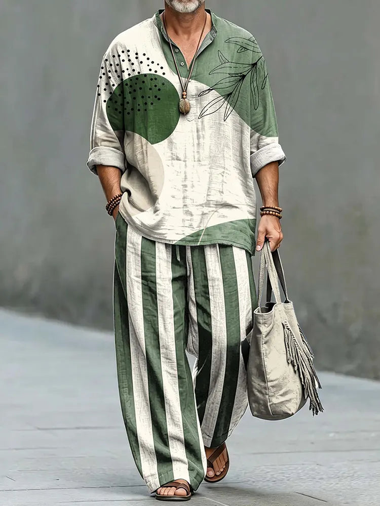 Men's Vintage Japanese Art Shirt And Pants Two Piece Set