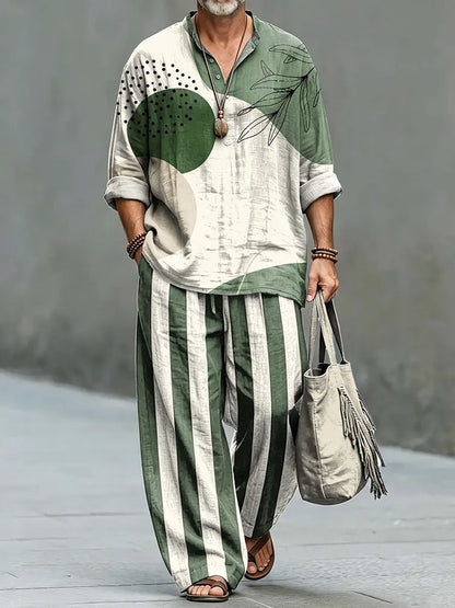 Men's Vintage Japanese Art Shirt And Pants Two Piece Set
