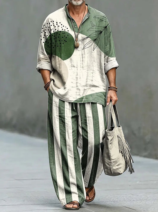 Men's Vintage Japanese Art Shirt And Pants Two Piece Set
