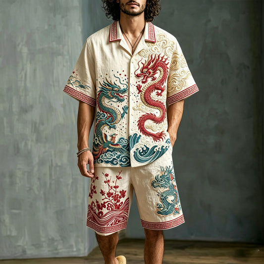 Men's Japanese Art Dragon Floral Design Cotton Linen Short-sleeve And Shorts Two-piece Set
