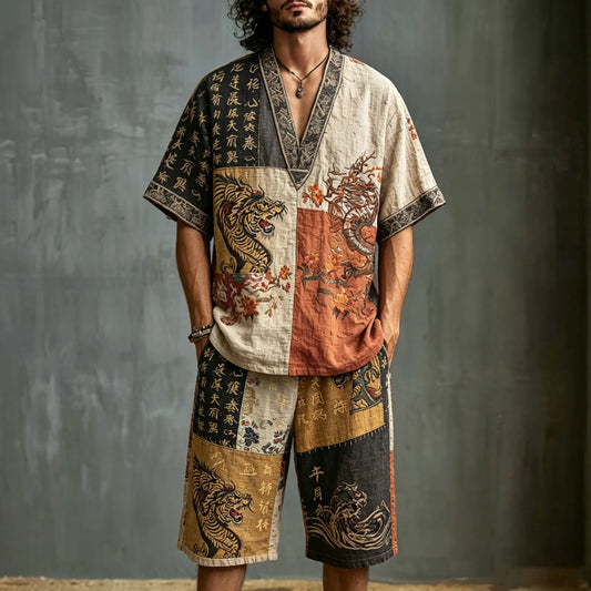 Men's Dragon Letter Color Block Print Cotton Linen V-neck Short-sleeve Shorts Two-piece Set