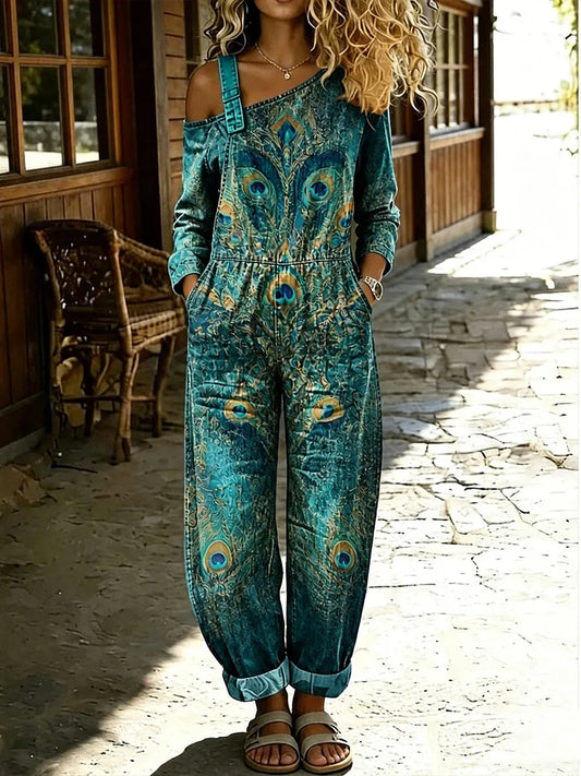Women's Retro Style Floral Art Print Washed Cotton Denim Patchwork Jumpsuit