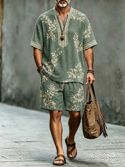 Men's Vintage Japanese Floral Art Print Short Sleeve Shirt And Shorts Two Piece Set