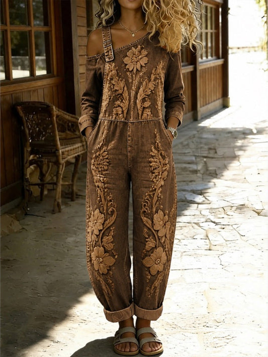 Women's Retro Style Floral Art Print Washed Cotton Denim Patchwork Jumpsuit