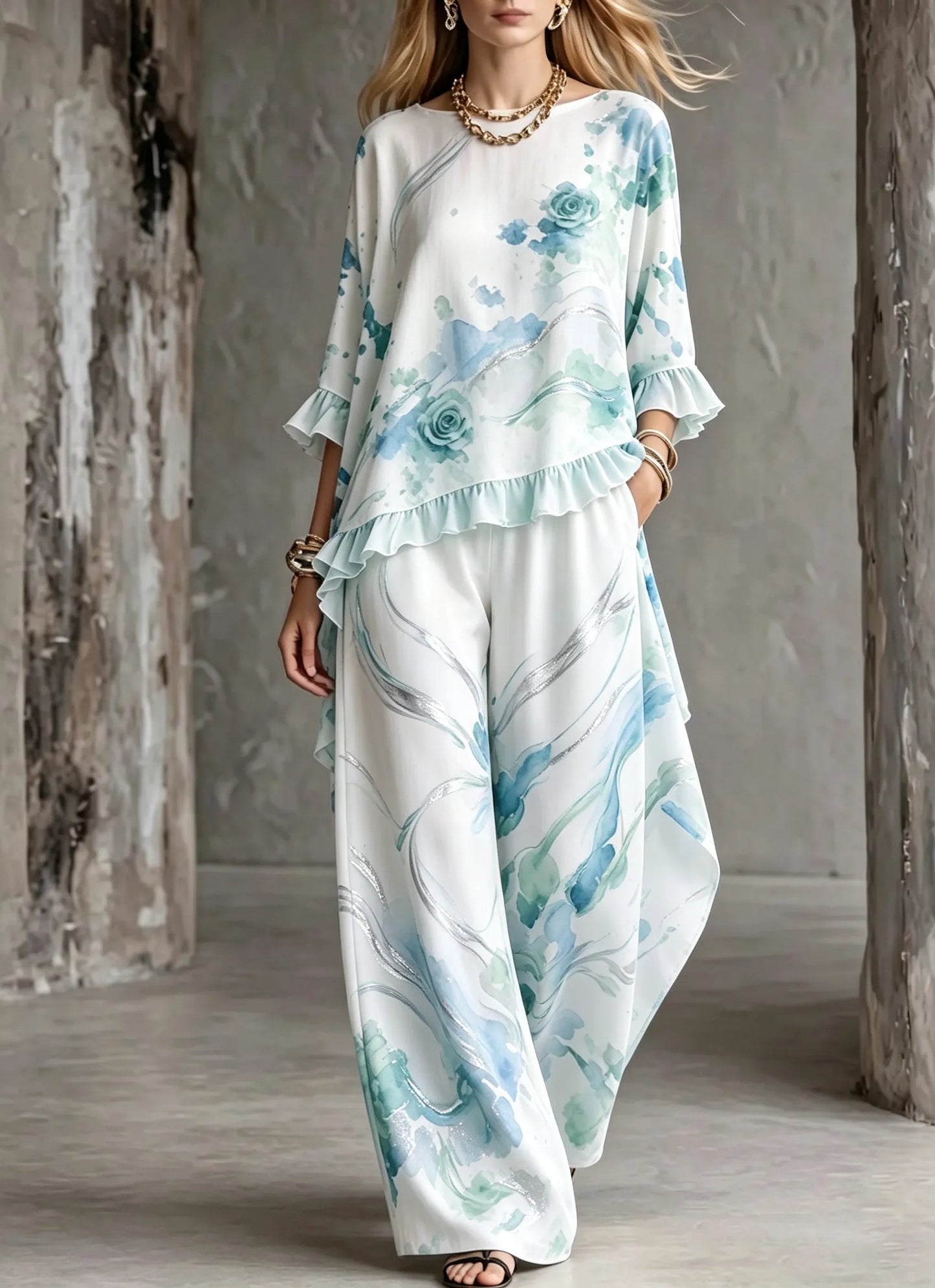 Women's Cotton Linen 3/4 Sleeve Lotus Hem Wide Leg Pants Two-Piece Set