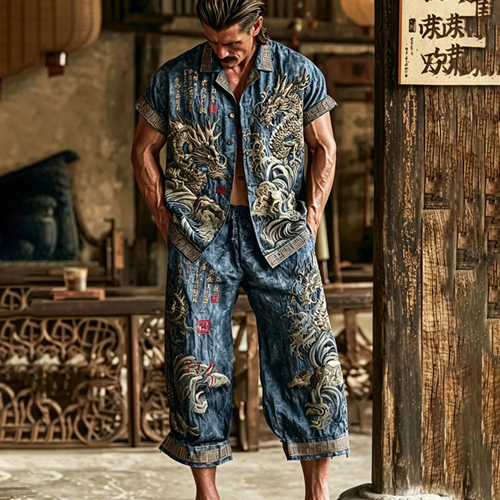 Men's Dragon Pattern Wavy Text Vintage Cotton And Linen Short Sleeve Shirt And Shorts Two-piece Set