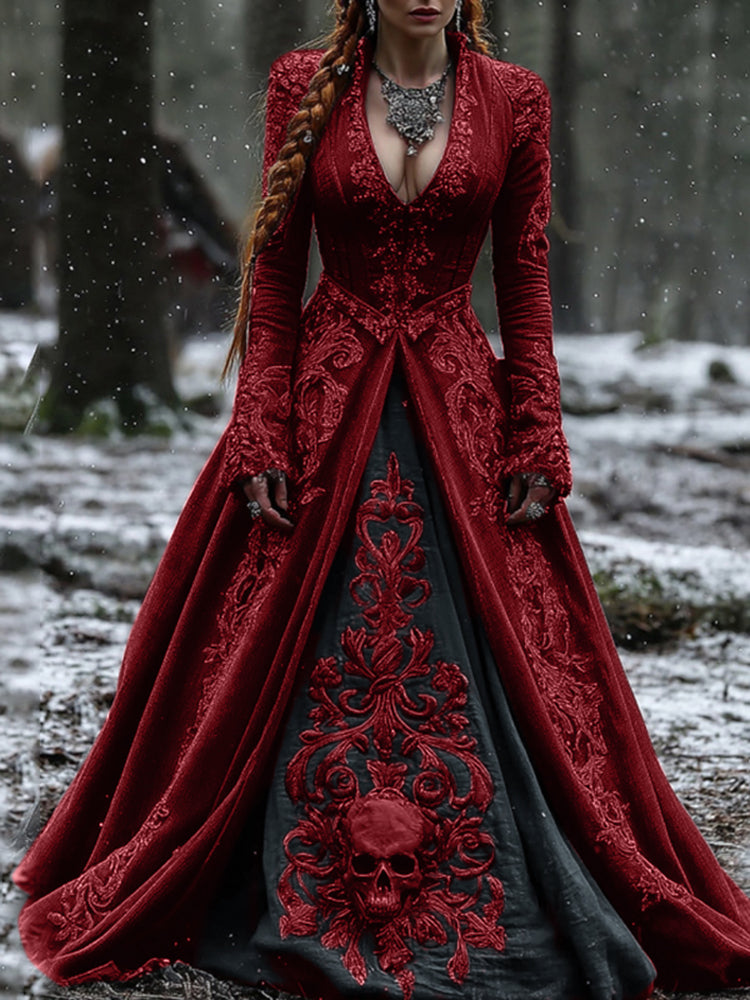 Women's Vintage Viking Skull Embroidery V Neck Casual Maxi Dress