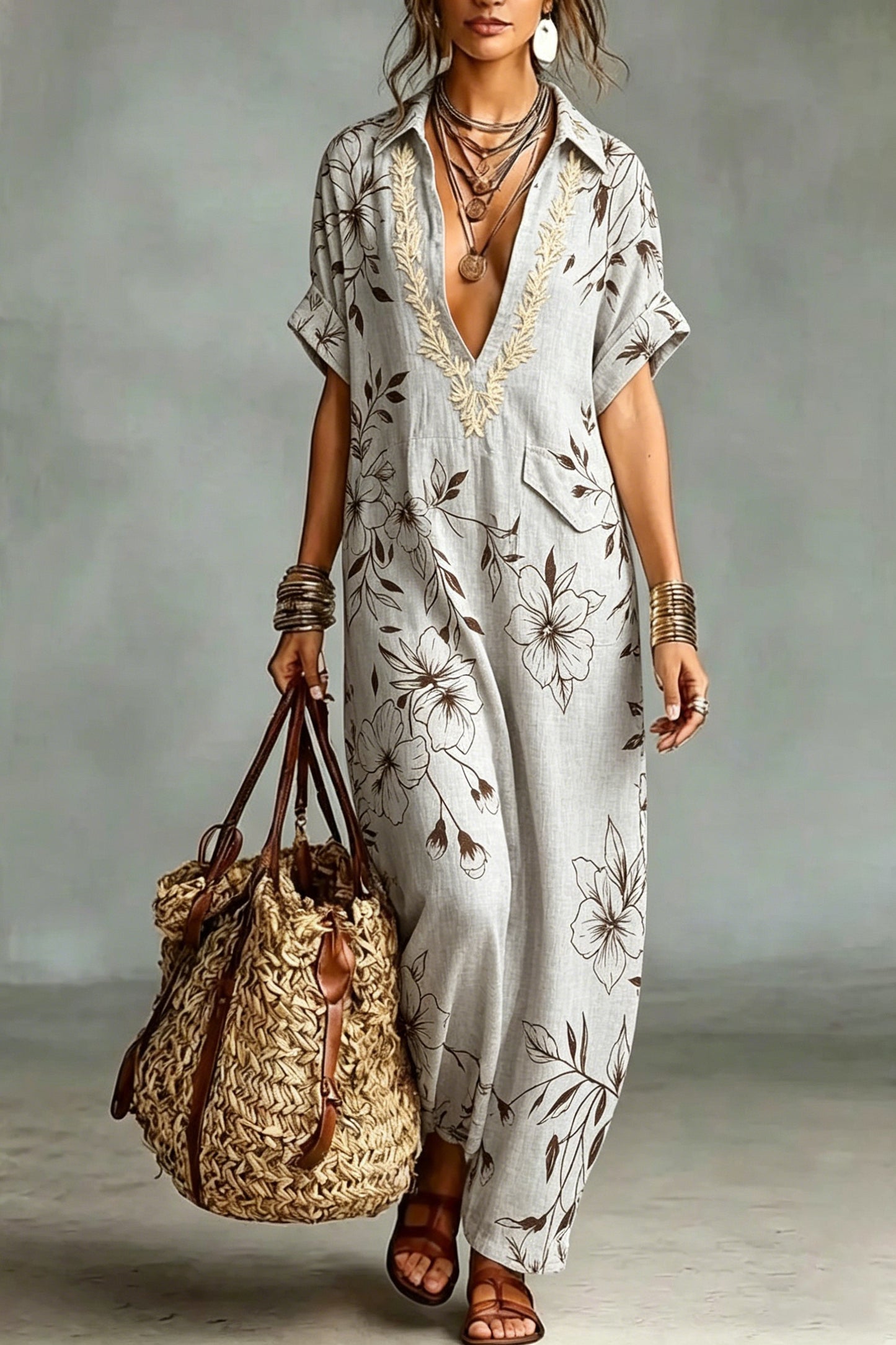 Women's Bohemian Print Embroidered V-neck Cotton And Linen Maxi Dress