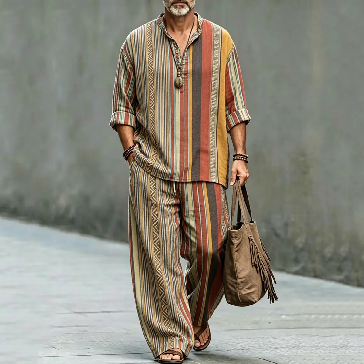 Men's Vintage Striped Print Shirt And Pants Two Piece Set