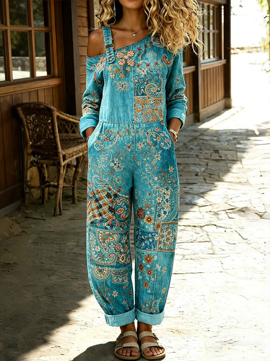 Women's Retro Style Floral Art Print Washed Cotton Denim Patchwork Jumpsuit