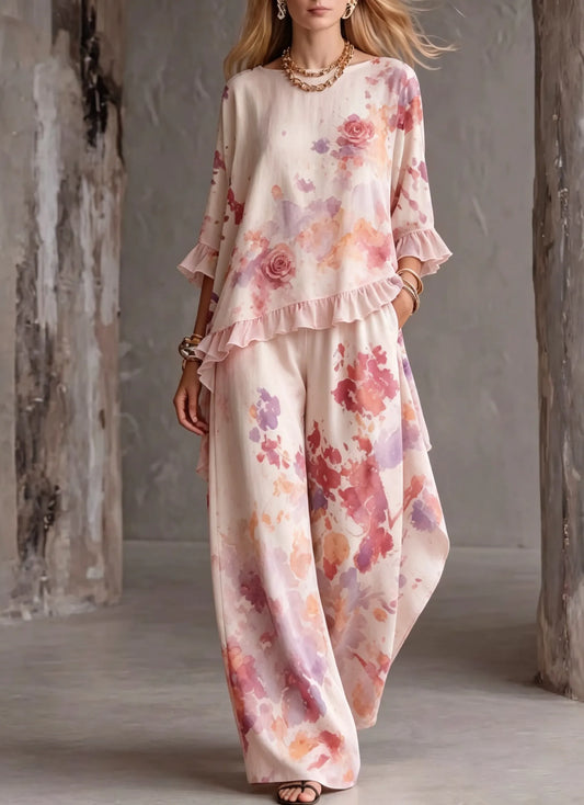 Women's Cotton Linen 3/4 Sleeve Lotus Hem Wide Leg Pants Two-Piece Set