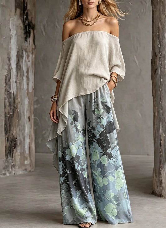 Women's Shoulder Top Abstract Printed Cotton and Linen Wide Pants Two-piece Set